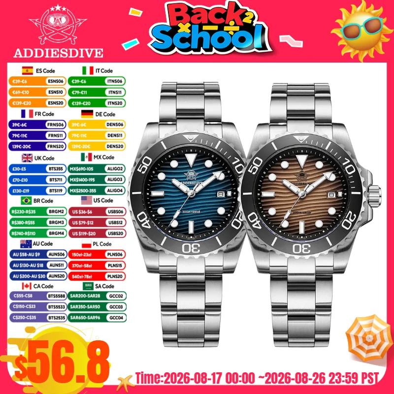 ADDIESDIVE 41mm AD2537 Uhr für Herren 20Bar wasserdicht 3D Wüstenstruktur BGW9 Leuchtdatum 316L Edelstahl Quarzuhren
