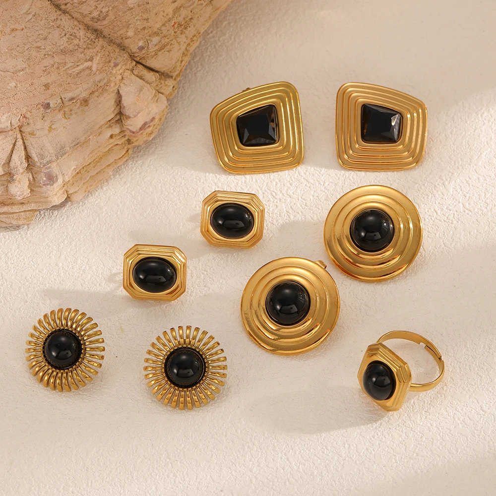 Schmuckzubehör-Set für Damen aus Edelstahl mit Obsidian-Einlagen, strukturiertes Metall, 18K vergoldeter Schmuck, Geschenkidee – Detail 3