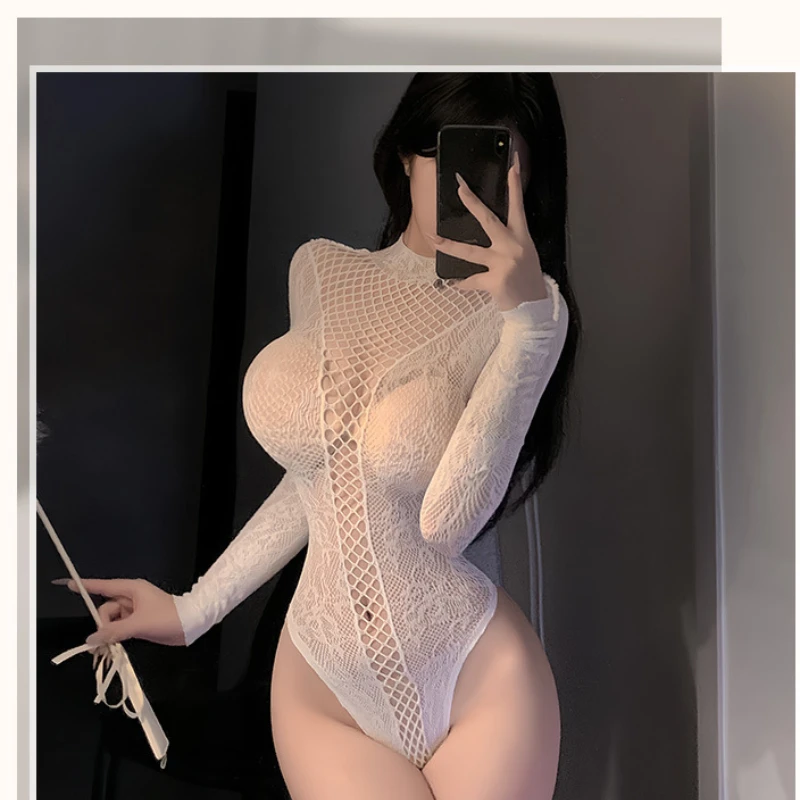 Puro desejo lingerie sexy malha oca jacquard astringente manga longa macacão ousado rasgo design quente lenceria para mulher