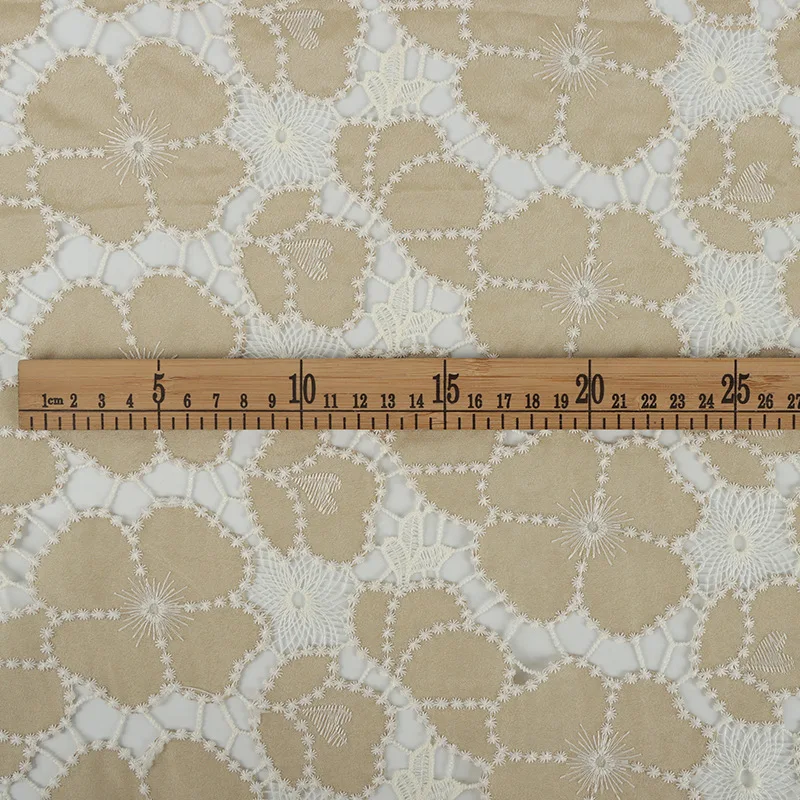 Laser Cut Water Soluble Hollow Floral Embroidery Fabric Beige Base Lace Material for Dress Garment DIY Sewing