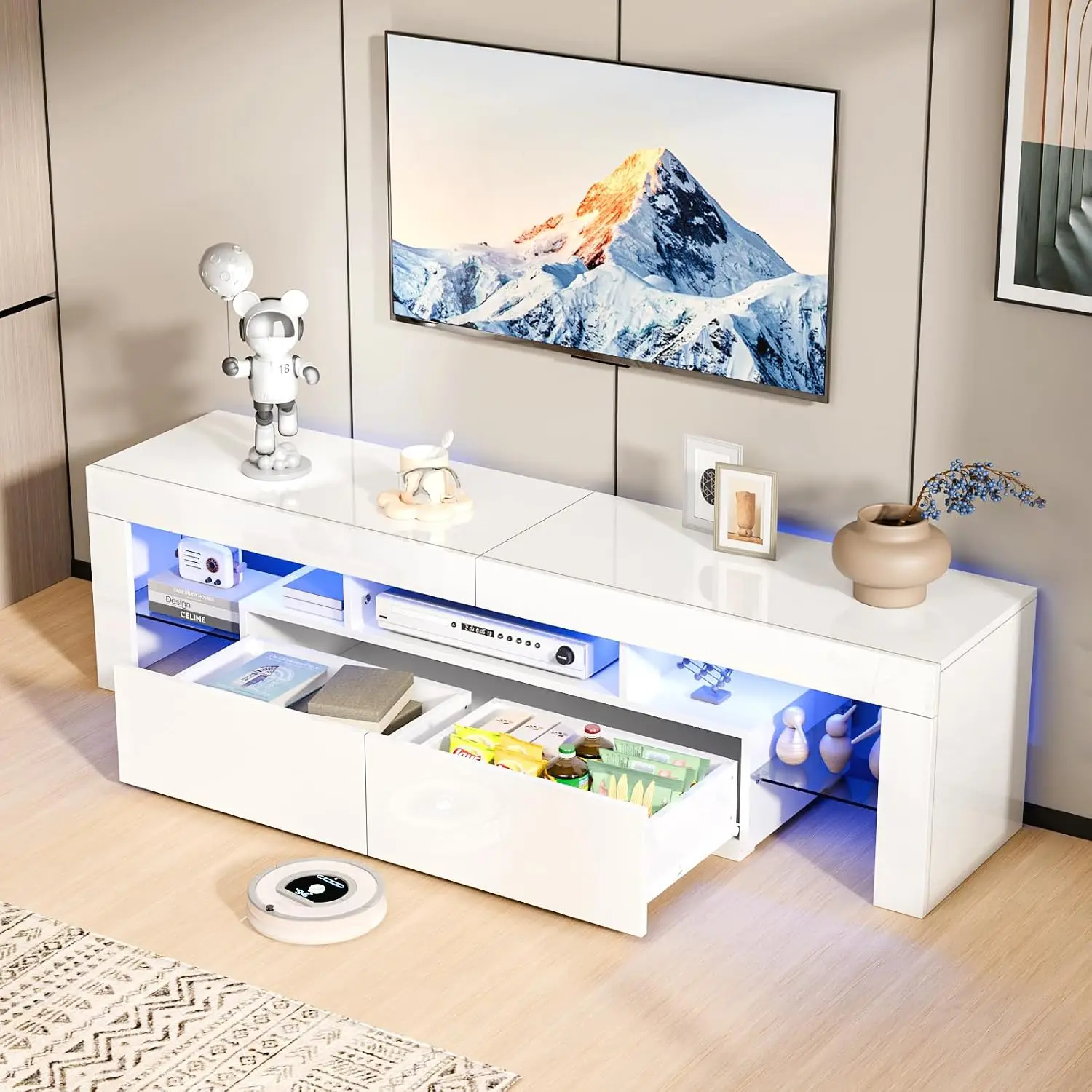 White LED TV Stand with Storage and Lights for 55 60 65 70 Inch TVs High Gloss 63 Inch