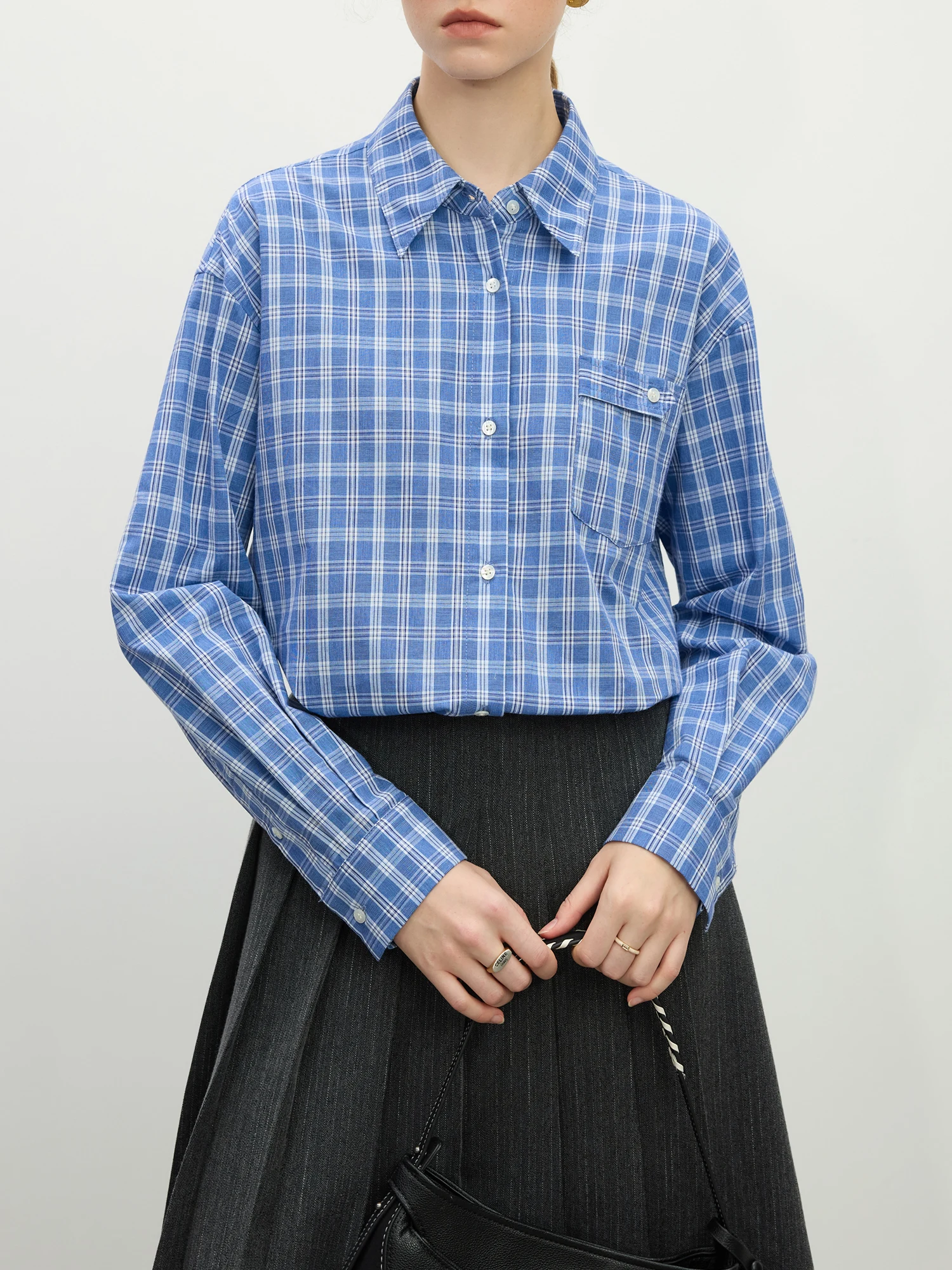 FSLE Blue Plaid Shirt For Female 2025 Spring New Design Korean Style All-match Cotton Long-sleeved Shirt Streetwear 25FS11187