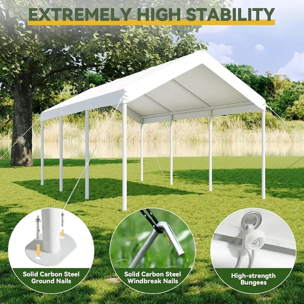 Heavy-Duty 10x20 Outdoor Carport with Tear-Resistant Tarp, Wind-Resistant, No Sidewalls - Milky White