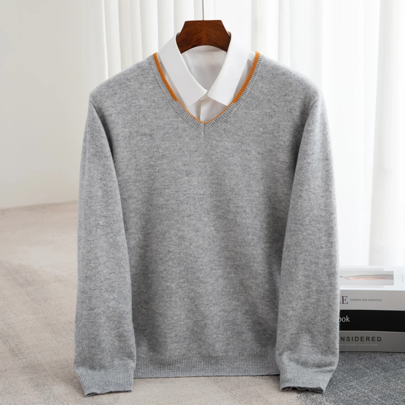 Autumn And Winter 100% Pure Wool Men's Casual Fashion V-neck Pullover Twisted Design Knitted Sweater