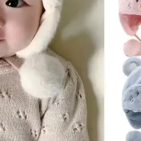 

Cute Winter Warm Kids Hats Hemming Caps with Ball Ear Protection Hats Solid Color Newborn Bonnet