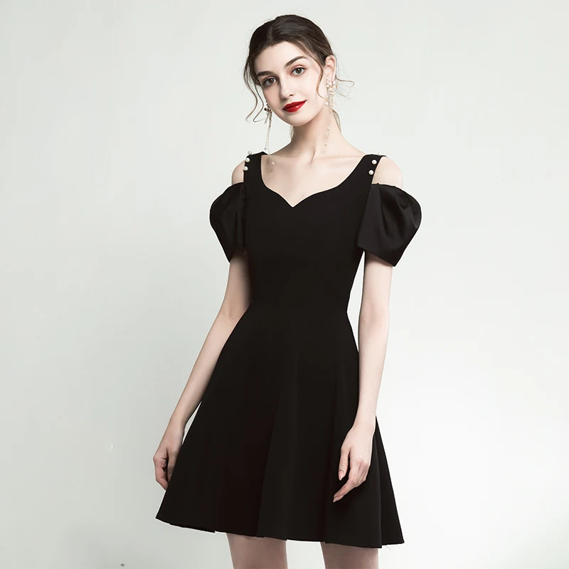 

Black Elegant Short Evening Dress Women V-Neck Bead Off-Shoulder Puff Sleeve Party Birthday Gown Customized A-line Prom Dress