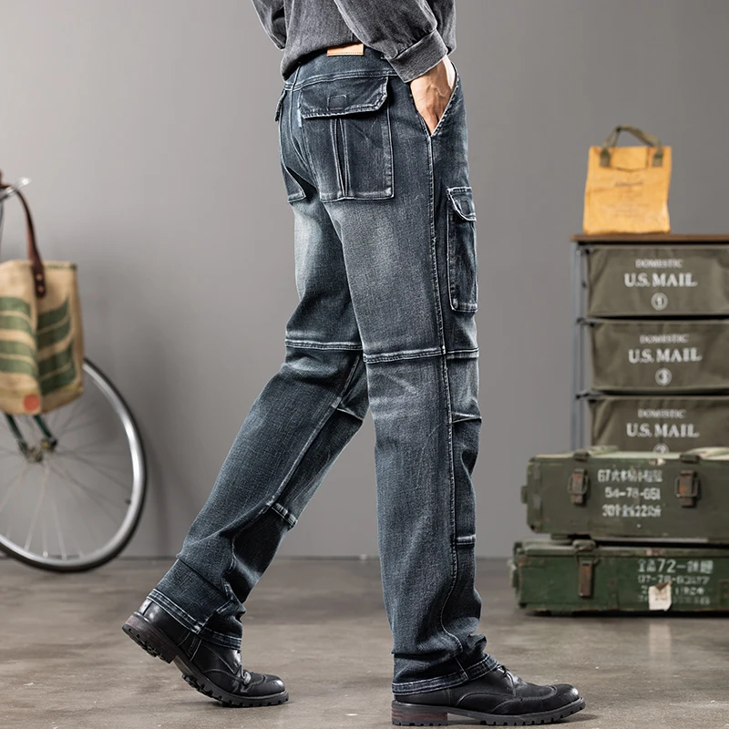 Autumn and winter new styles Men's Outdoor Wide Leg Workwear Multi-Pocket Jeans Straight fit plus size men's jeans 42 44 - Image 4