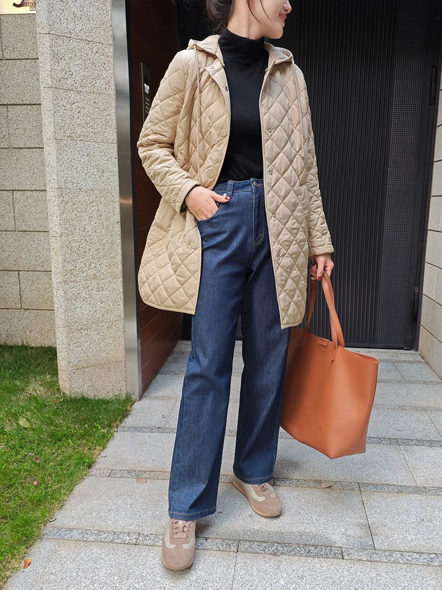 

Thermal Controlled Windproof Woven Cotton Jaet with Hood Medium Length Quilted Coat Simple Sle Loose Fit Long Sve