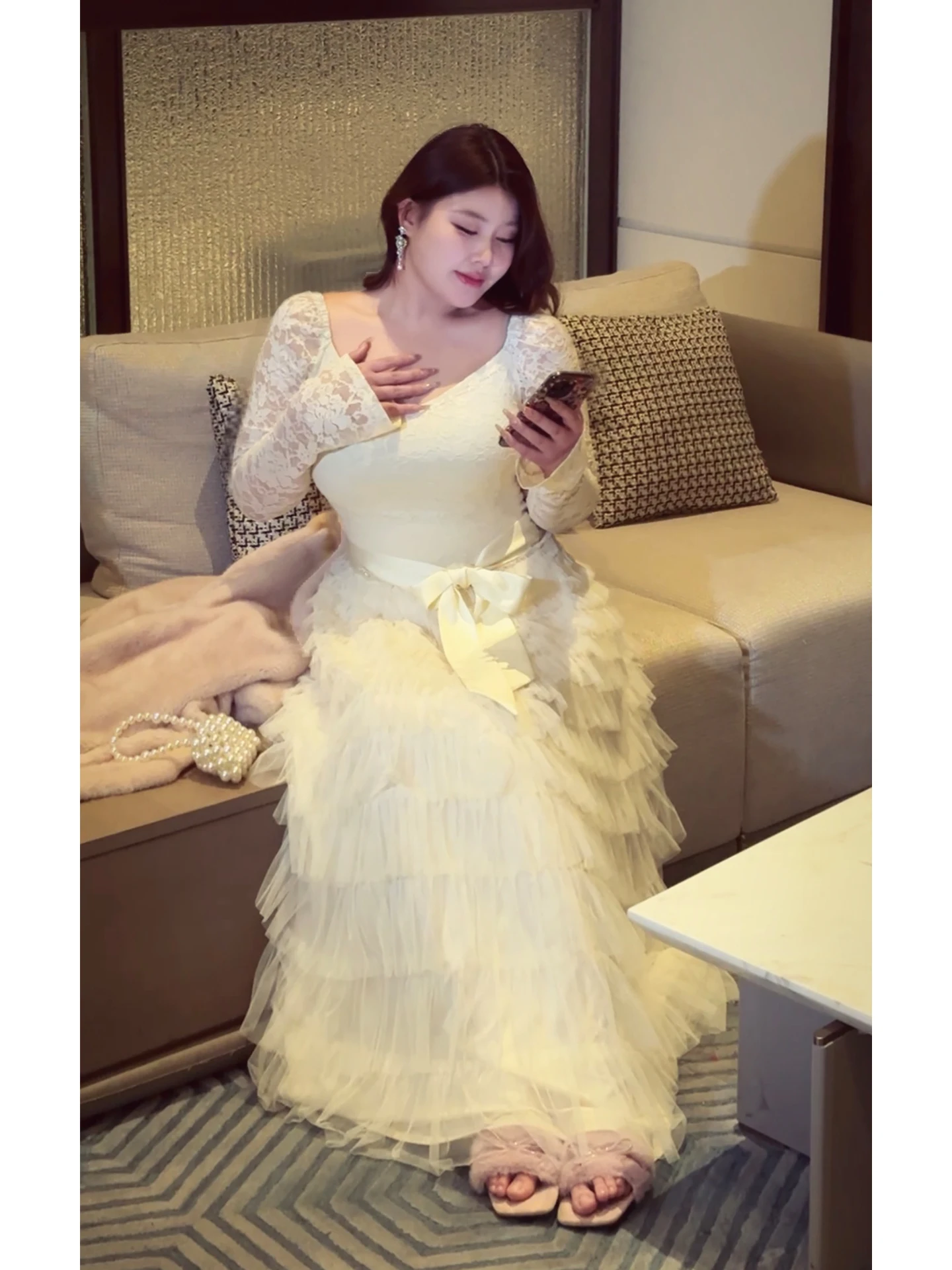 

Платье-комбинация больших размеров с кружевом и V-образным вырезом, с длинными рукавами, с завышенной талией, осенне-зимнее, для женщин