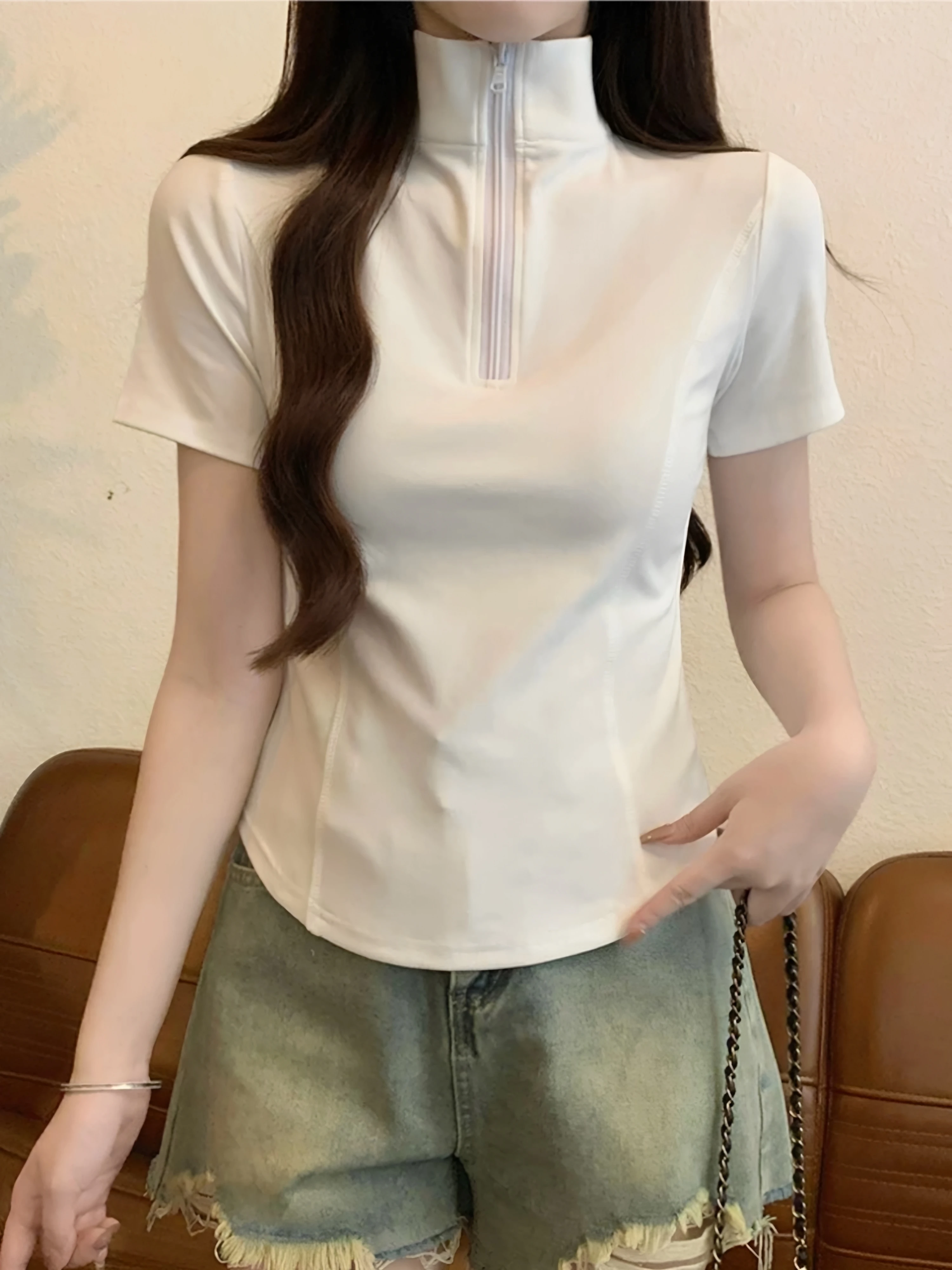 Summer Slim Fit  Neck Zipper Short Sleeve T-Shirt Women's 95 Cotton Large Size Shoulder Appropriate Fishbone Top