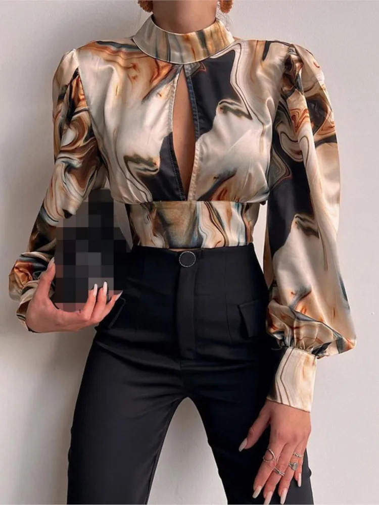 

Women's New Spring Summer Sexy Backless Lace Up Hollow Fashion Print Exposed Navel Casual Long Sleeved Shirt Top