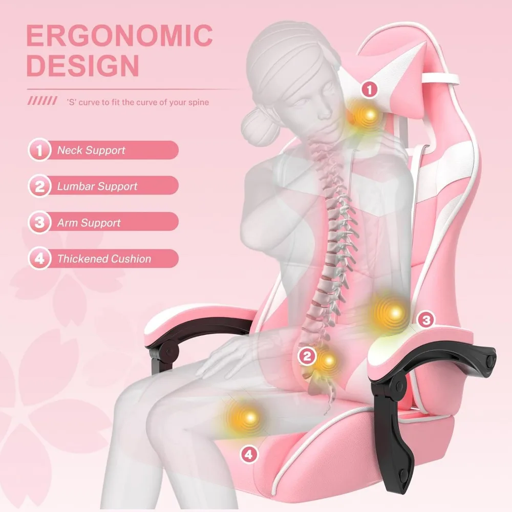 Pink Gaming Chair with Footrest,Lovely Bunny Computer Gamer Chair,Gamer Desk Chair for Granddaughter,Sister,Girlfriend