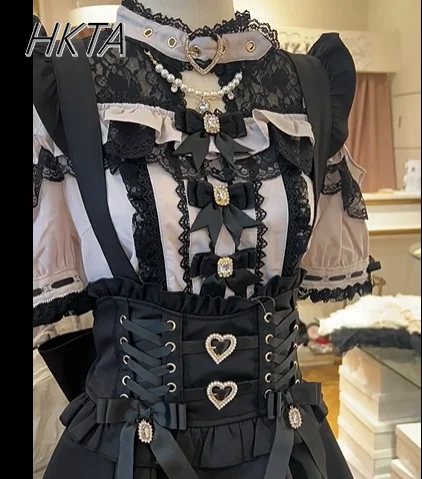 

Liz Shirts Blouse Women Girl Ground Bud Japanese Off-shoulder Bow Buckle Lace Short-sleeved Shirt New Summer Kawaii Tops Lady