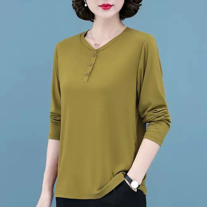 Simple Casual Solid Round Neck Loose Cotton Basic T Shirt Women 2023spring Autumn Korean Fashion Button Long Sleeve Ladies Tops