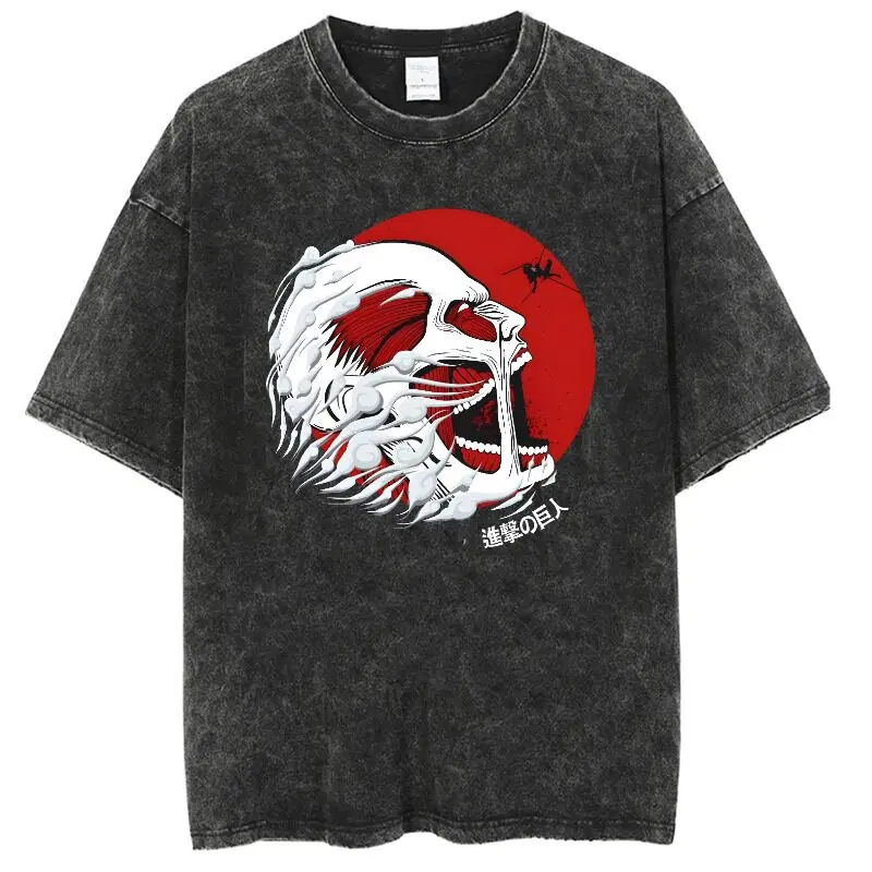 

Attack on Titan Colossal Titan Rising Sun Wave Acid Wash Oversized Black T Shirt 2026 Summer Streetwear Anime Graphic Tee