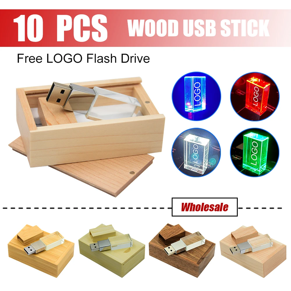 10pcs Crystal Usb2.0 Stick 3D Engraved Custom Logo 4GB 8GB 16GB Flash Drive Wooden Box Pendrive 32GB 64GB Transparent Glass Gift