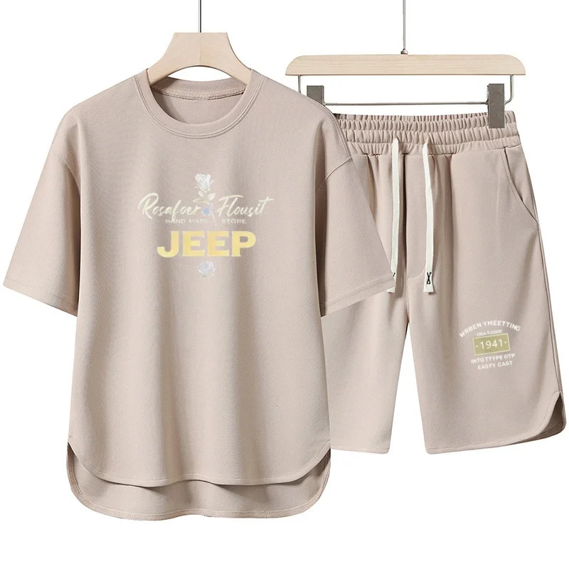 Jeep Men's Sporty and Casual Summer Short-Sleeved Round-neck T-Shirt Set, Drawstring Shorts Set, Fashionable Streetwear