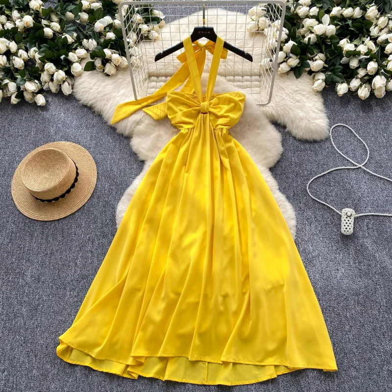 

Design Sense Twist Knot Strapless Halter Tie Dress for Women High Waist SlimmingaLarge Print Elegant Vacation French Style Dress