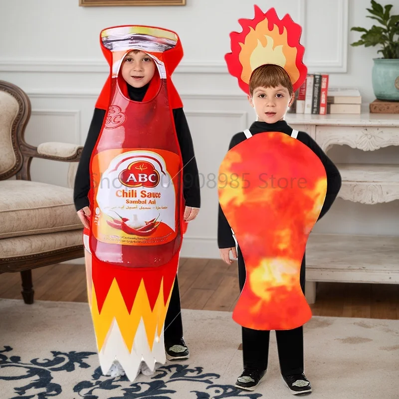 

Red Hot Sauce Bottle Children's Carnival Performance Costumes Condiment Funny Dress Up Boy Girl Costumes Chilli Sauce Cosplay