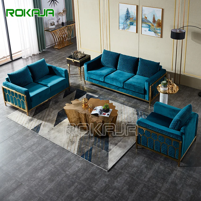 New Design Tufted Sofa Gold Stainless Steel Living Room Furniture Sets 6 Seater Sofa Set Modern Velvet Fabric Sofa