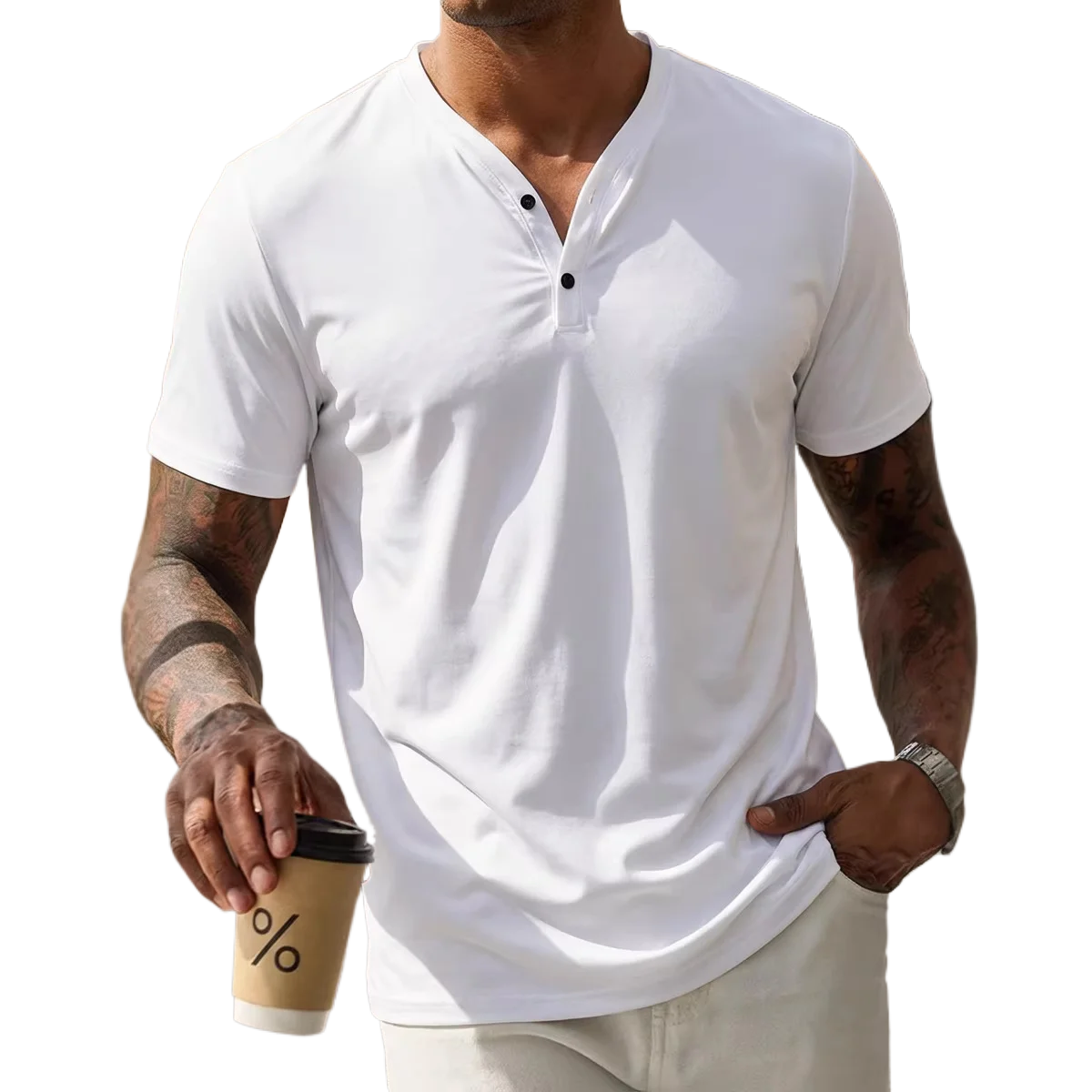 Summer-New-Men's-V-Neck-Henley-Short-Sleeve-Polo-Shirt-Men's-Solid-Color-Casual-Short-Sleeve-Button-Placket-Daily-Commute-Basic