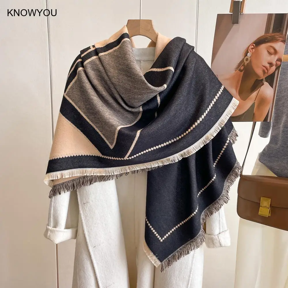 

2025 New Cashmere Imitation Scarf Women's Autumn Winter Mufflers Block Scarf with Tassel Four Sides Warm Large Pashmina