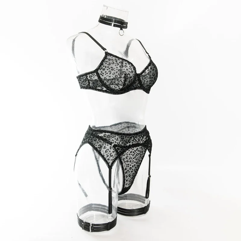Bikini leopard print transparent black mesh strap underwire push-up sexy swimsuit set