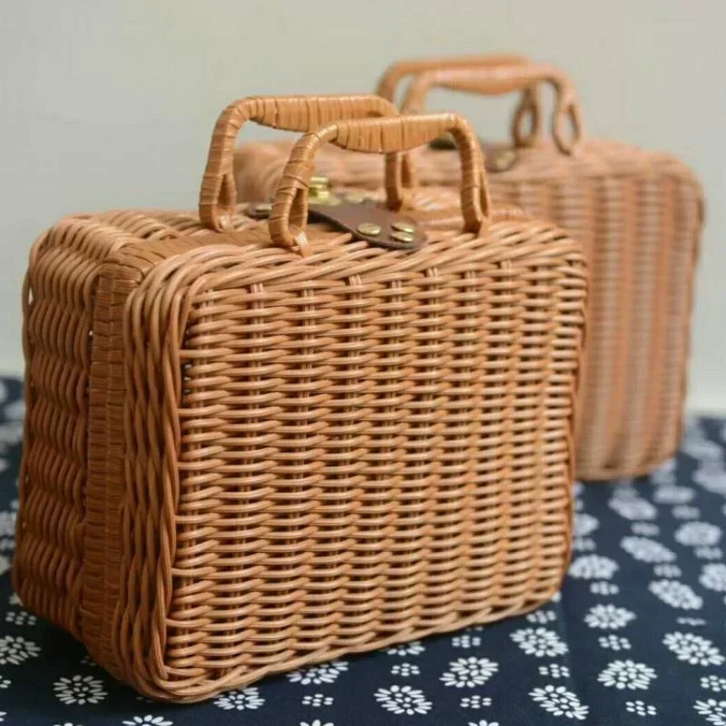 Rattan-like Finishing Box Woven Rattan Basket Retro Storage Box Decorative Props Suitcase with Hand Gift Box