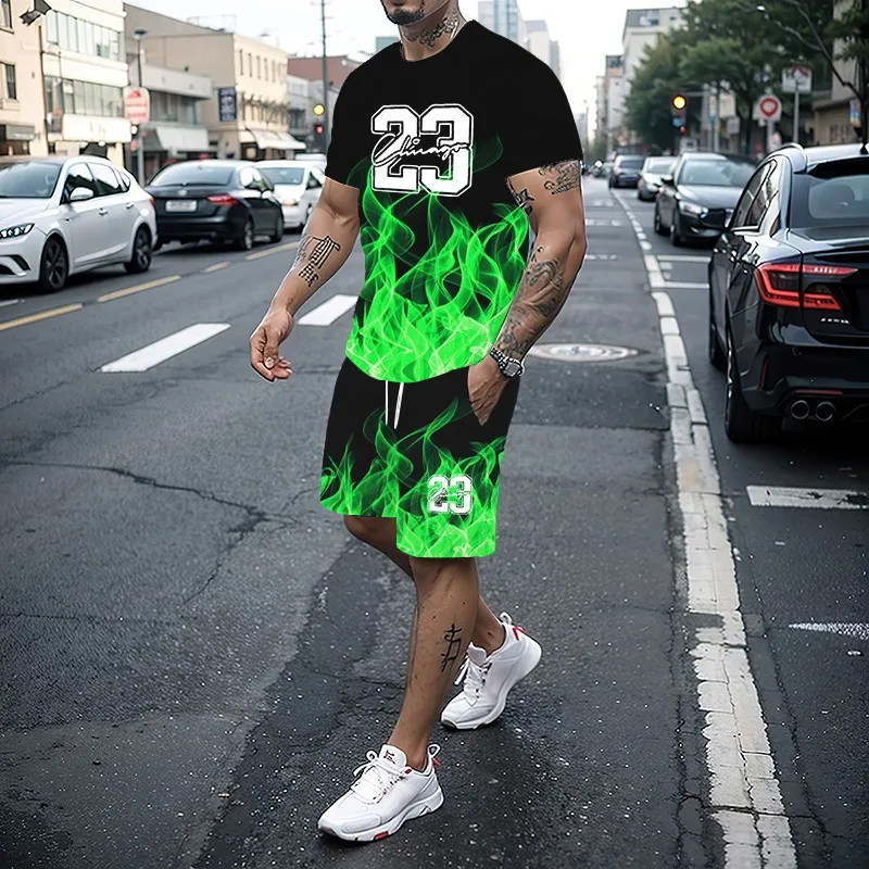 

2025 Men's T-shirt Set Summer Fashion Creative 3D Printing Pattern Digital 23 Printing Leisure Sports Two Piece Set