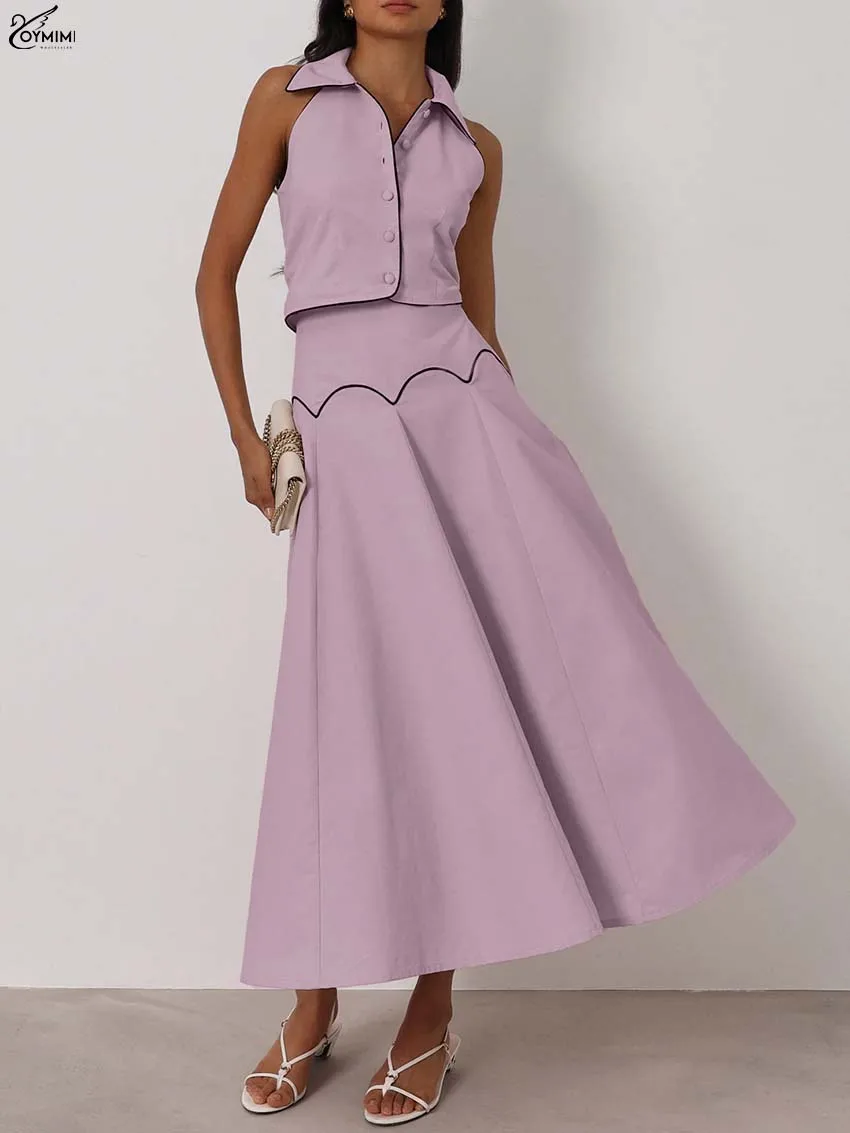 

Oymimi Fashion Pink Patchwork Woman 2 Piece Set Outfit Casual Lapel Sleeveless Button Shirts And High Waist Mid-Calf Skirts Sets