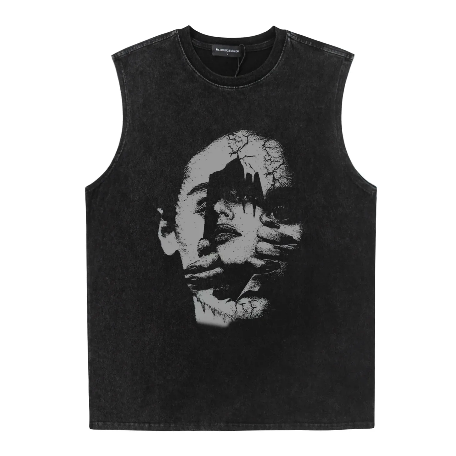 Summer Men Washed Vest Hip Hop Streetwear Punk Style Evil Face Portrait Graphic Printed Tank Tops Loose Unisex Sleeveless Vest