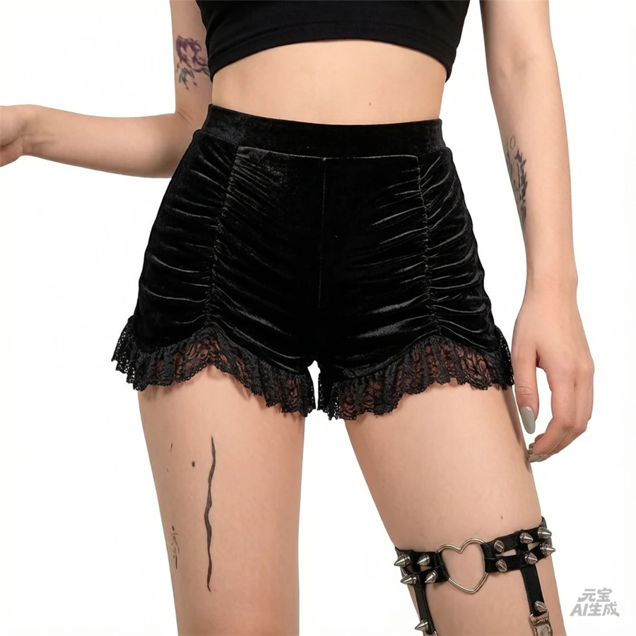 Women Black Gothic Mall Goth Velvet Ruched Shorts High Waist Sexy Girl Grunge Skinny Bottoms Lace Hem Alt Clothes Short Pants