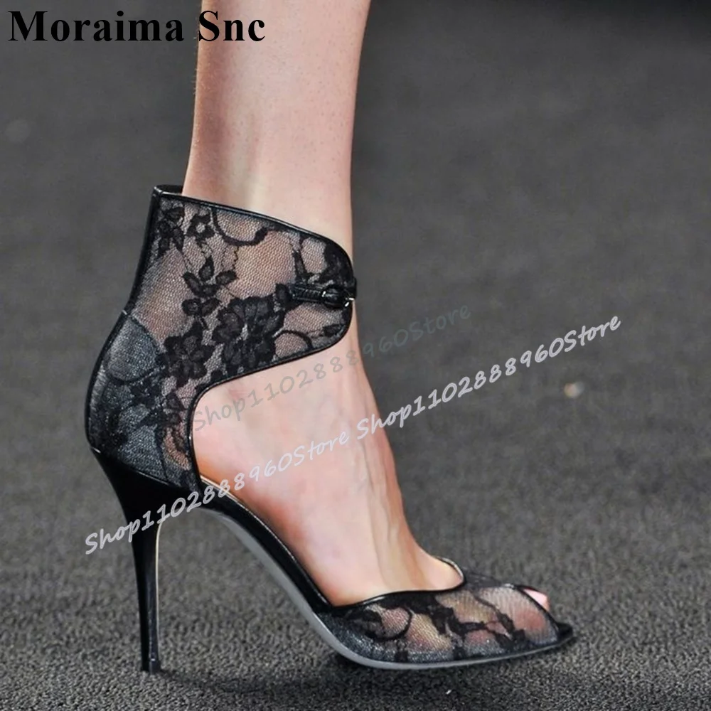 

Sexy Black Lace Sandals Stilettos High Heel Trendy Shoes For Women Buckle Strap Peep Toe Catwalk Gorgeous Banquet Women Sandals