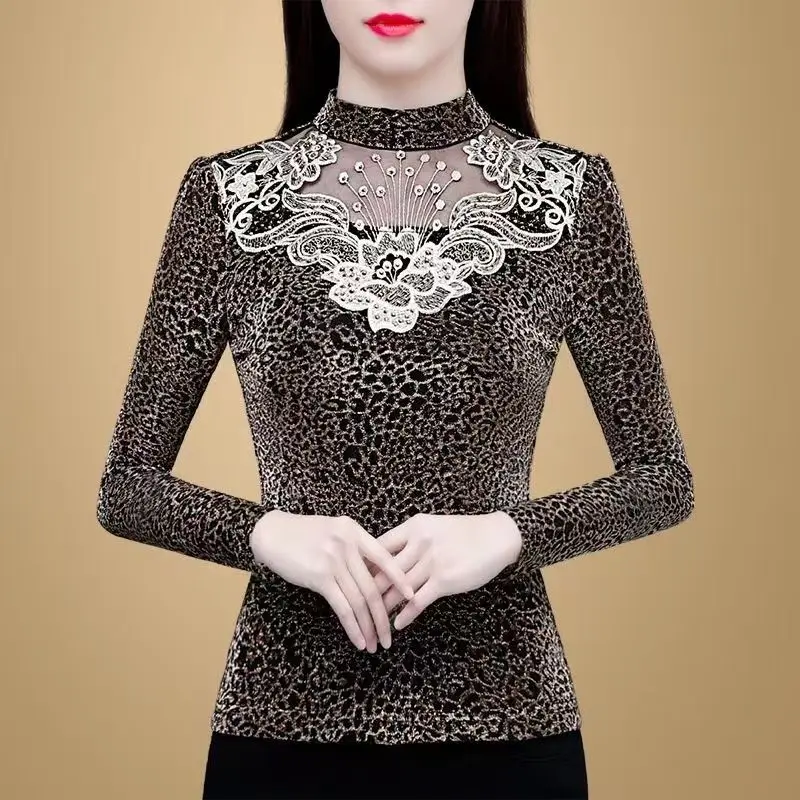 Autumn Winter Women's Mesh Spliced Thick Leopard Tops Female Clothing Long Sleeve Vintage Warm Slim Half High Collar T-shirt