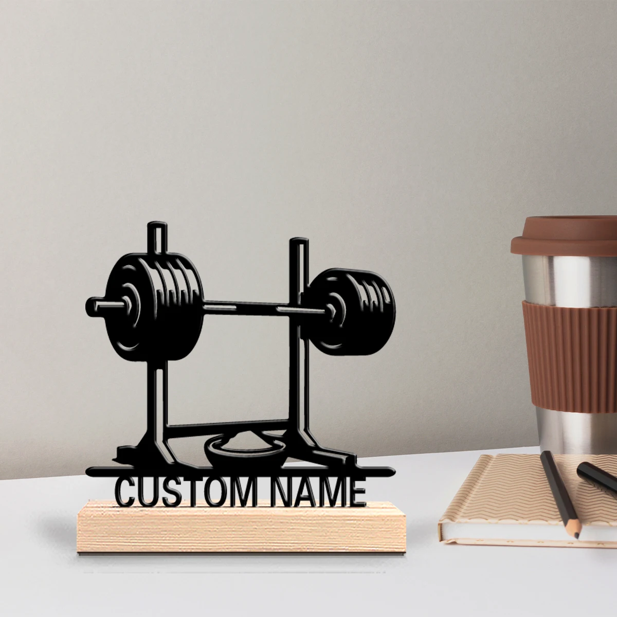 1pc Retro Personalized Custom Fitness Metal Statues Nature-Inspired Wooden Base Decor for Office Living Room Zen Calm Spaces