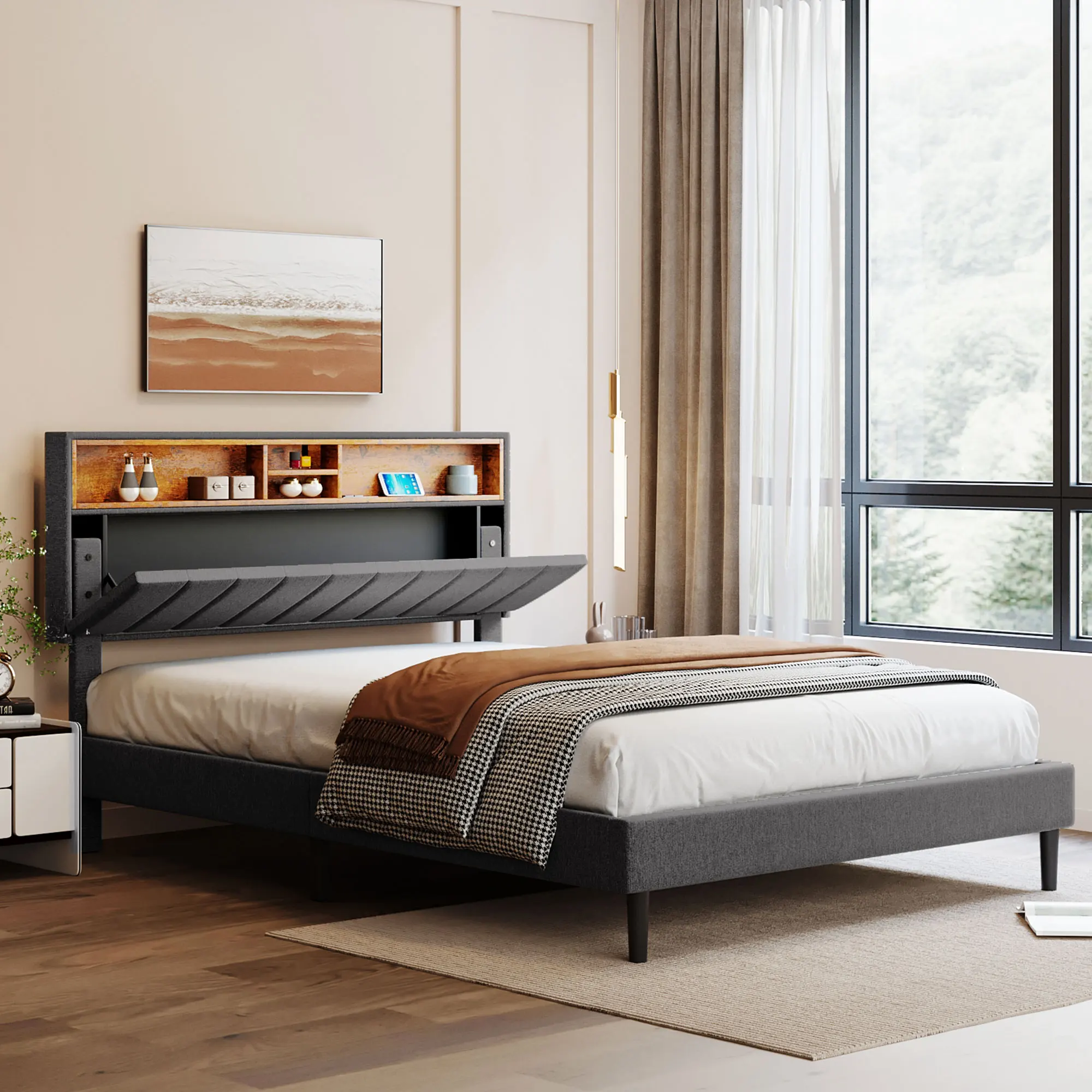 Queen Size Upholstered Platform Bed with Storage Headboard and USB Port, Linen Fabric Upholstered Bed