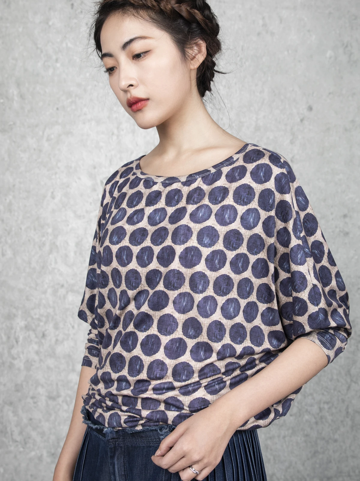 

Silk T-irt Women's New Summer Smooth Silk Vintage Polka Dot Print 00% Silk Loose oulder Top round Ne Long Sve