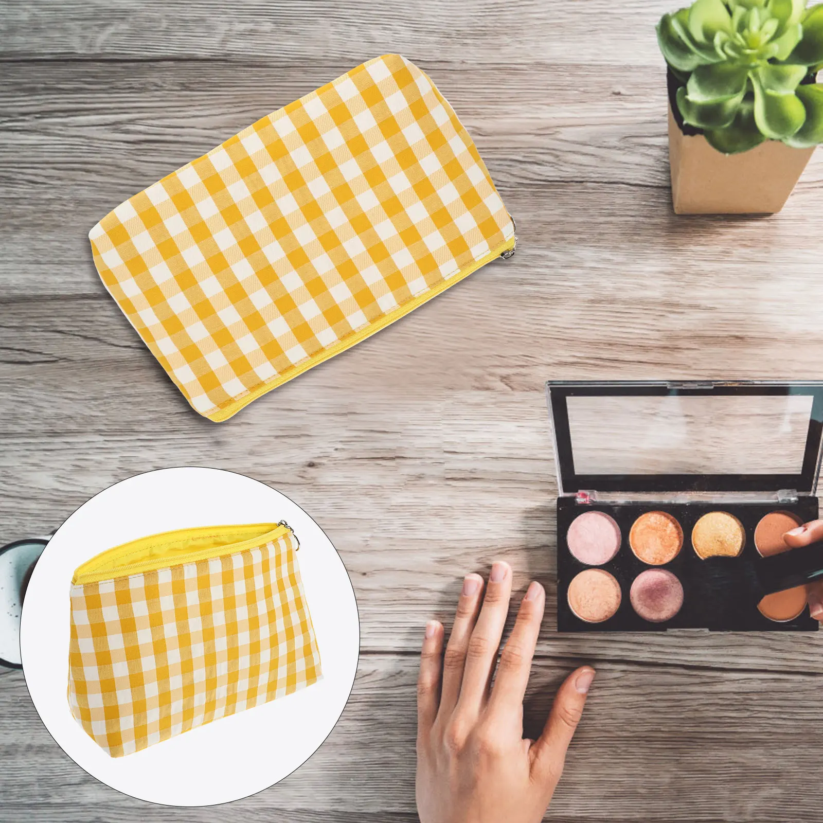 

Canvas Bag Durable Zipper Pouch For Women Yellow Plaid Travel Toiletry ganizer Storage Makeup Brush Holder