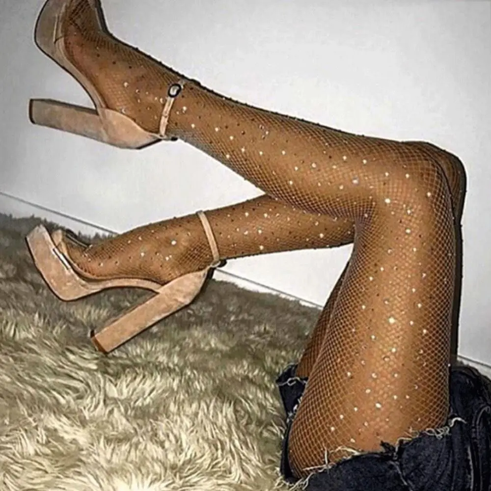 Fashion Shiny Fishnet Tights Small Mesh Glitter Pantyhose Hot-drilled Acrylic Stockings Women Girl