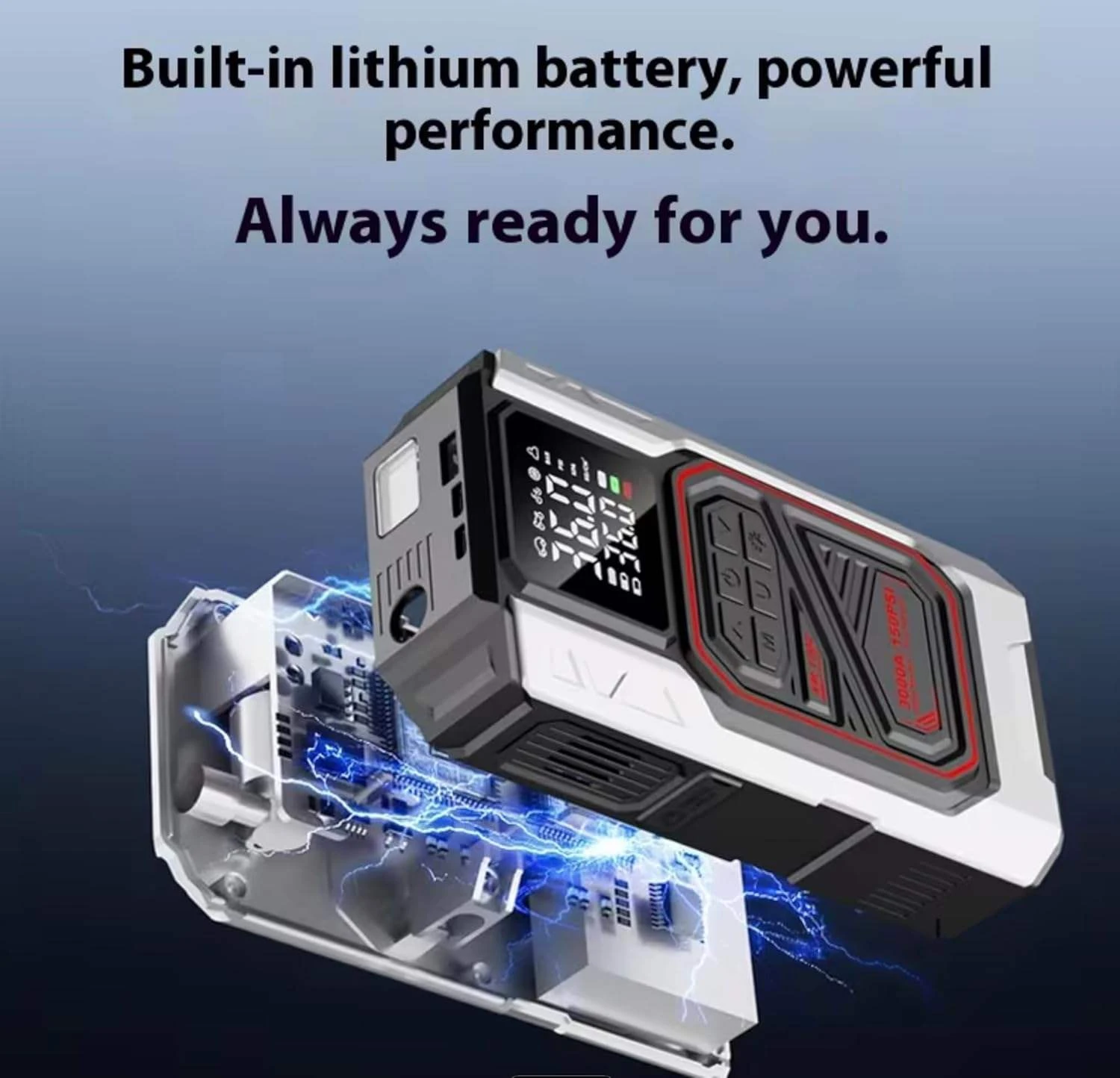 4-in-1-Auto-Starthilfe mit Luftkompressor, 4000 A Spitzenleistung, Autobatterie-Booster, 150 PSI-Luftpumpe, tragbarer Powerbank, Reifenfüller – Detail 6
