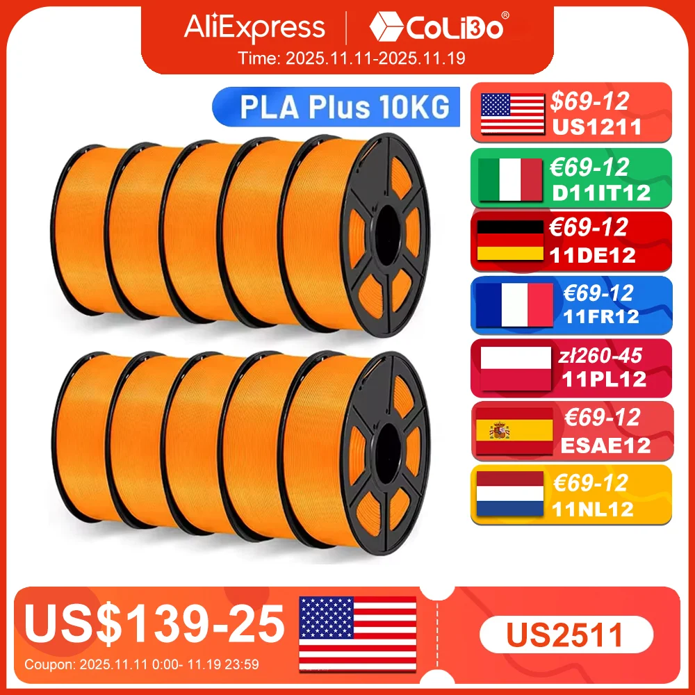 

CoLiDo PLA Plus Нить 10 кг 1,75 мм PLA + Нить для 3D-принтера Высокое качество подходит для большинства 3D-принтеров FDM 10 рулонов/набор
