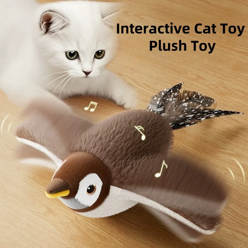 Interactive Cat Toys Chirping Electric Flapping Bird with Catnip Dogs Cats Touch Activated Squeak Plush Toy Pet USB Rechargeable