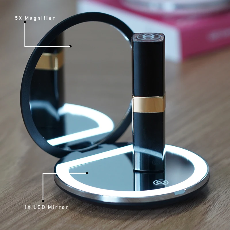 Espejo de maquillaje plegable con luces y aumento, espejo cosmético con luz y aumento para viajes, 2X/5X