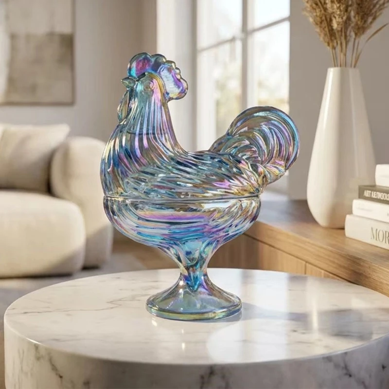 Footed Glass Rooster Candy Bowl with Detailed Top for Chocolate, Small Confections, and Living Room Table Ornament 37JD
