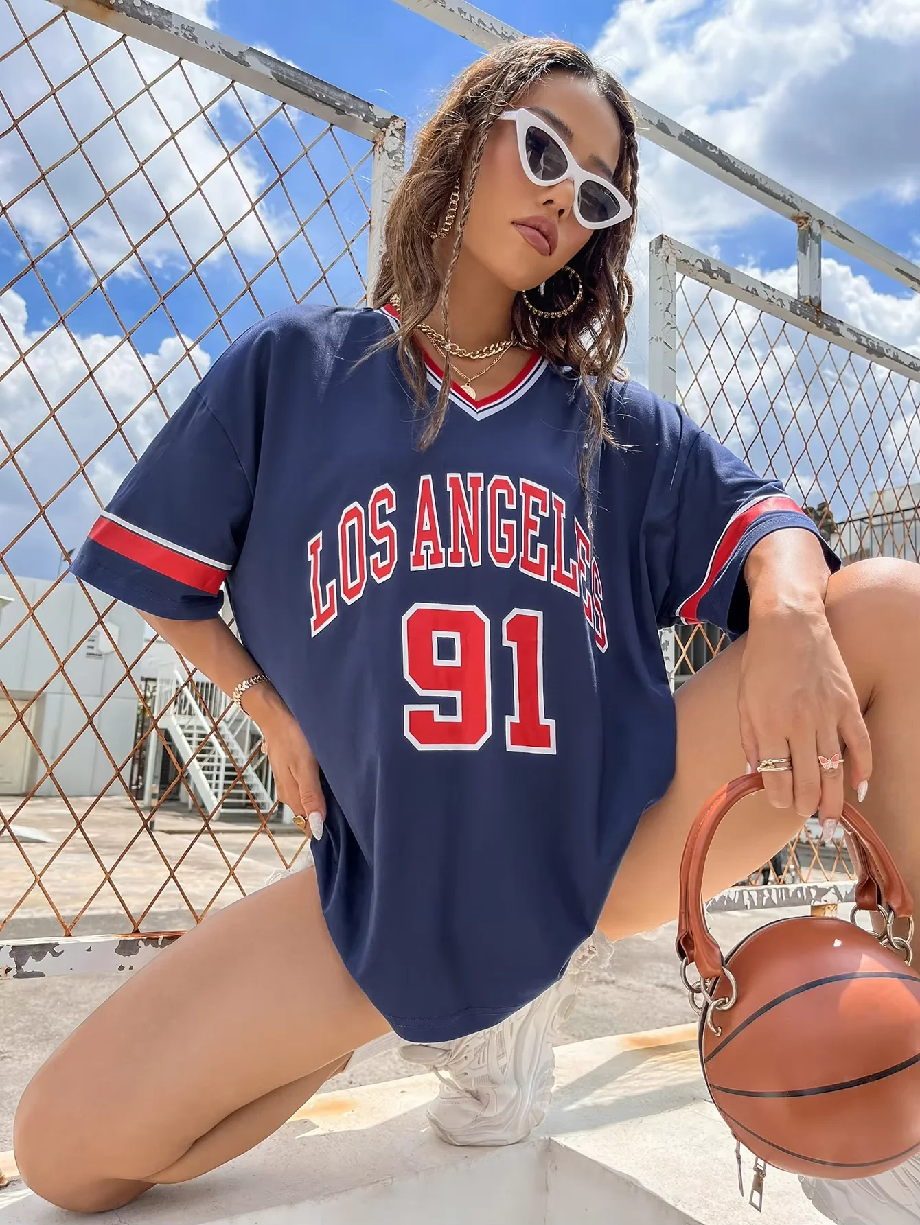 

Hot Sales LOSANGELES 91 Women V-neck T-shirt Latest Leisure Style Women Short Sleeved Quick Drying Trendy Vacation Clothing