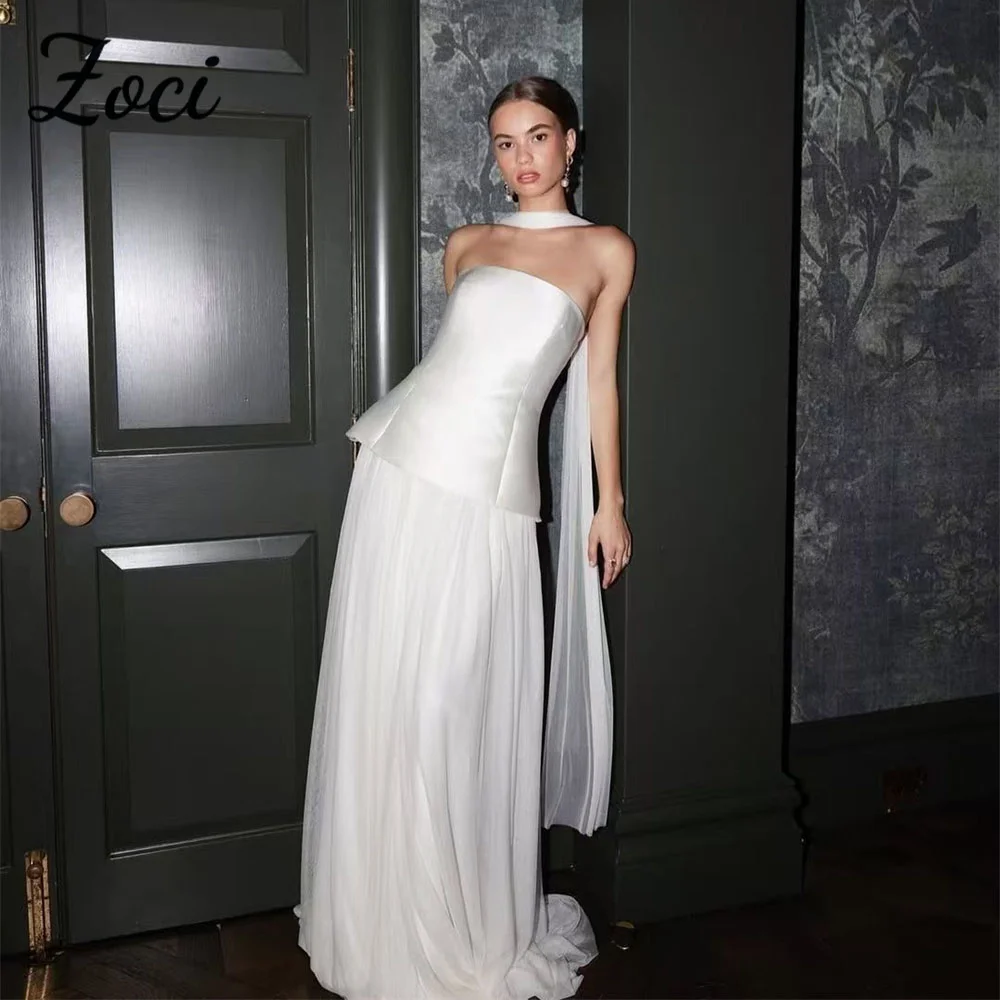 Zoci Elegant Strapless ชุดแต่งงานแขนกุดซาติน Tulle A Line ชุดเจ้าสาวที่กําหนดเอง Backless ชั้น Beach ชุดเจ้าสาว