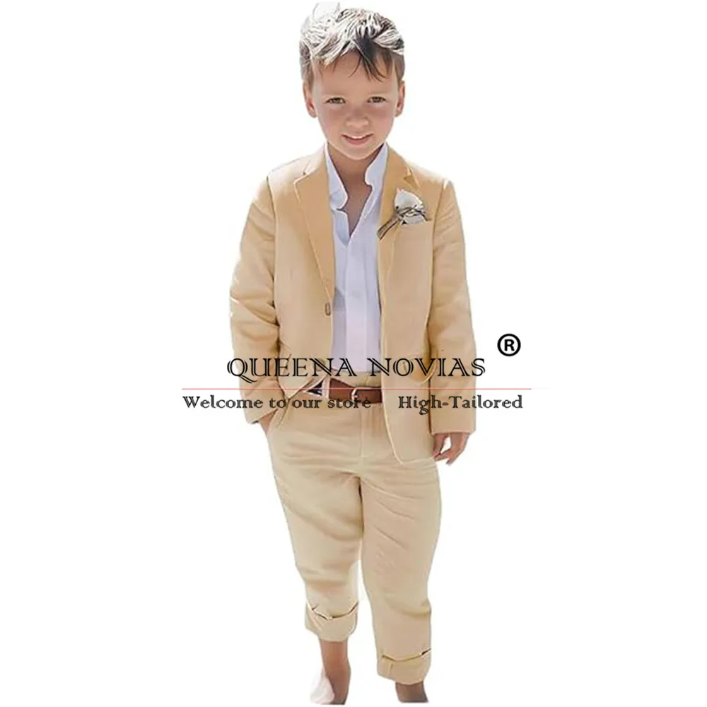 Trajes marrones de lino suave para niños, traje de 2 piezas para fiesta de boda, chaqueta de un solo pecho, pantalones, esmoquin de cumpleaños, Vestido de playa de verano