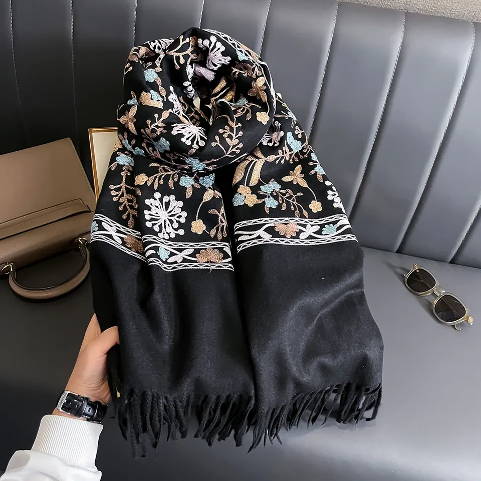 New Winter Warm Cashmere Scarf for Women Embroidery Pashmina Blanket Thick Shawl Wrap Neckerchief Fashion Bufanda Echarpe Poncho, image 4
