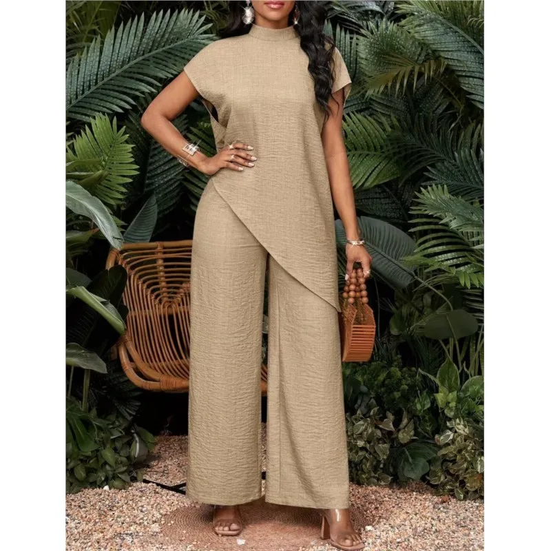 

Women's Summer Fashion Sleeveless Irregular Hem Top+wide Leg Pants Set Casual Solid Street Outfit Ladies Loose Top Two-piece Set