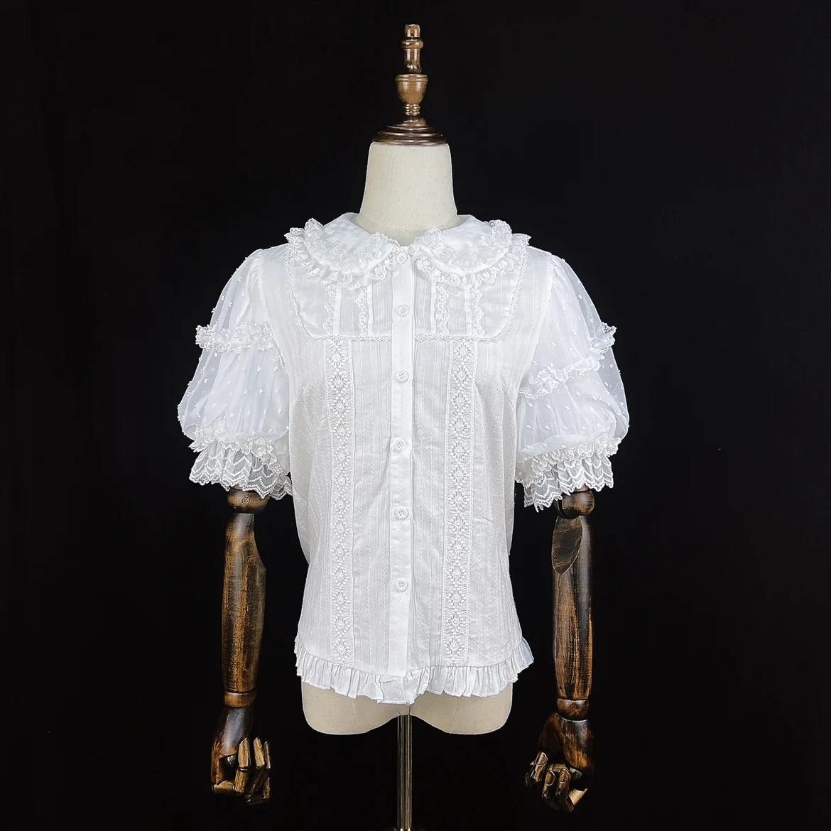 Dophee Original Spring Summer Lolita Shirts Elegant Puff Short Sleeve Basic Top Cute Princess Lace Peter Pan Collar Women Blouse